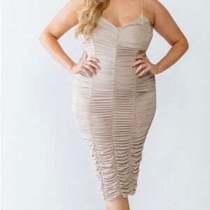 Elegant Beige Ruched Midi Dress